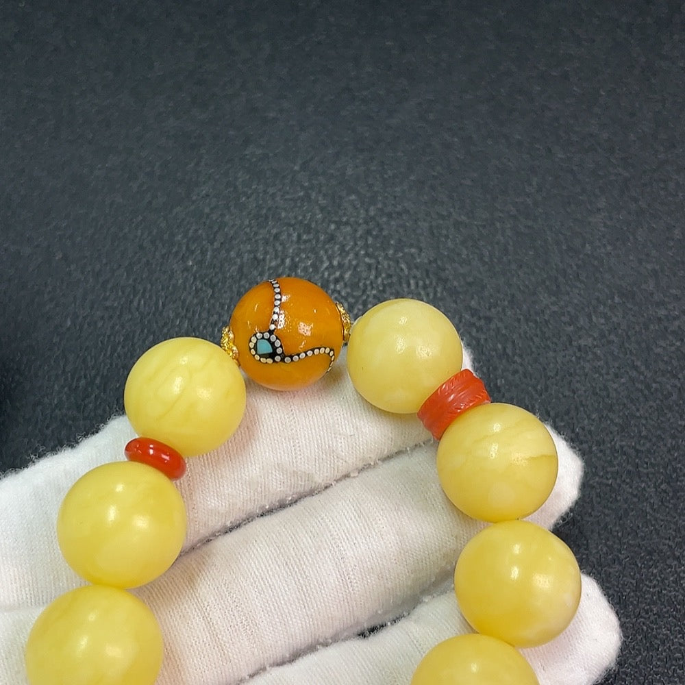 Amber Beeswax Bracelet, Approx. 16.4mm, Total Weight About 27.50g, Matched with Southern Red Agate