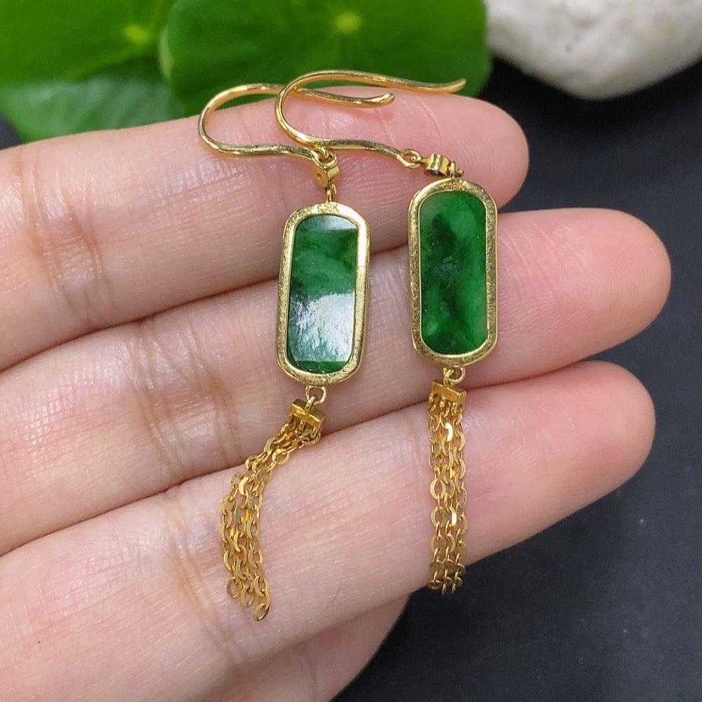 HKHQ jadeite earrings with 18K gold featuring smooth, polished jadeite stones set in elegant gold earrings.