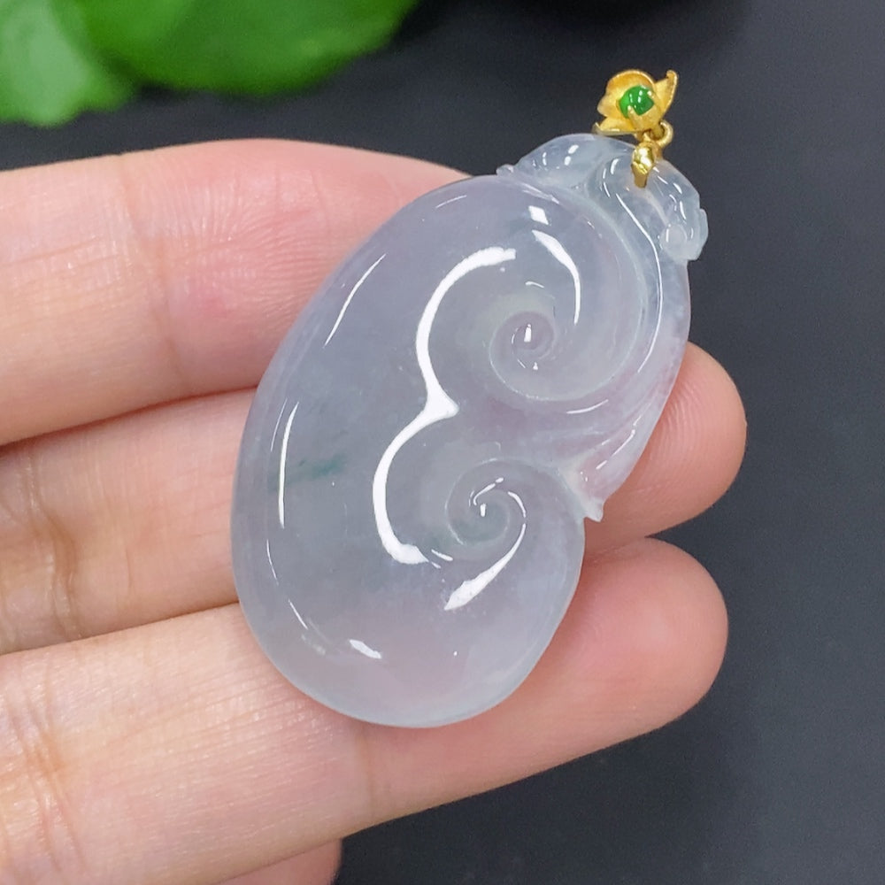 Jadeite Ruyi pendant with 18K gold clasp showcasing smooth, polished green jadeite on a necklace chain.