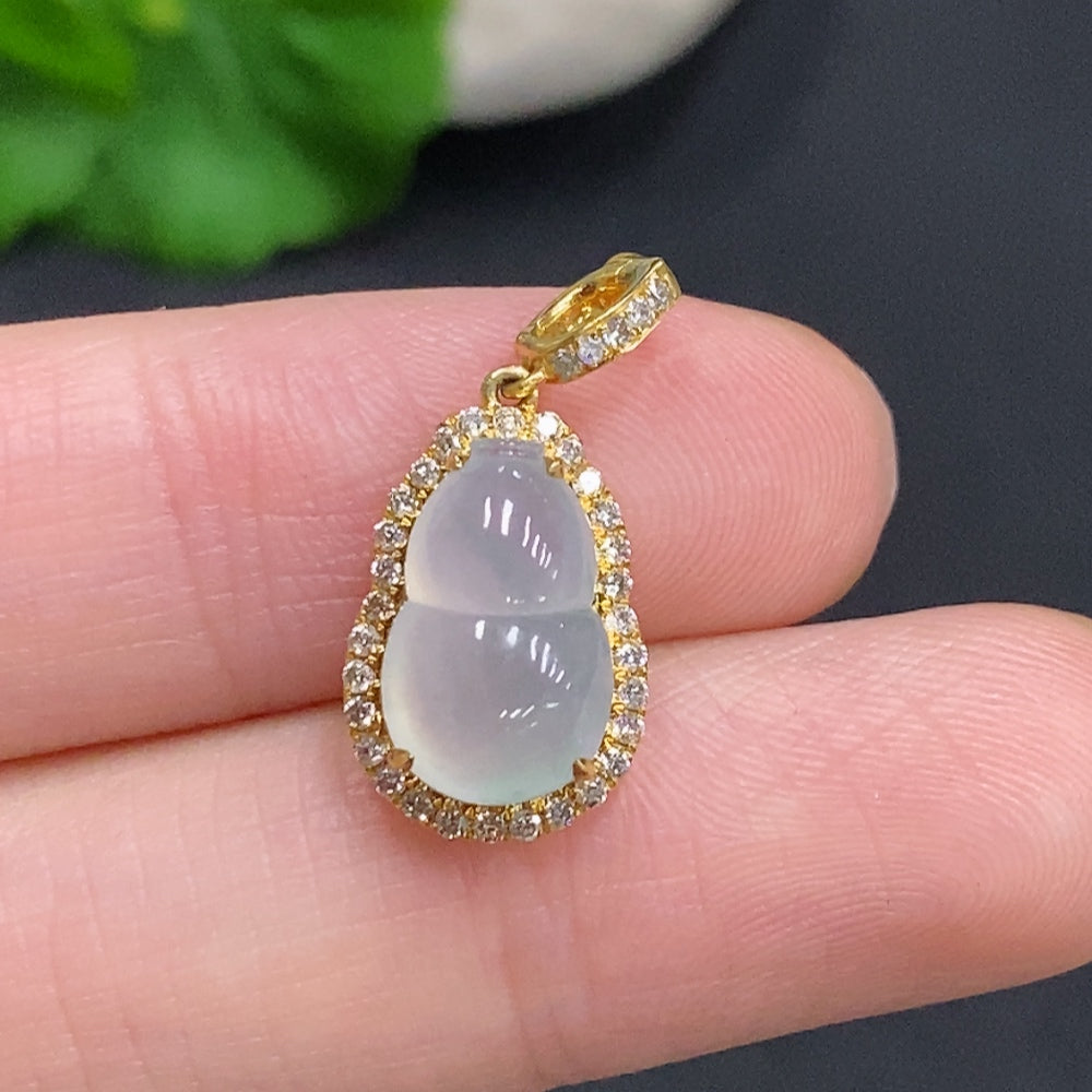 Jadeite Gourd Inlaid Pendant . (with Diamond Inlays) | Huiliu Certified