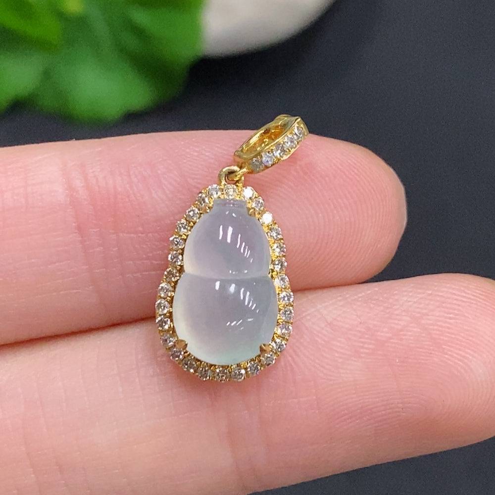 Huiliu Certified jadeite gourd pendant with diamond inlays, showcasing intricate craftsmanship and vibrant green jade color.