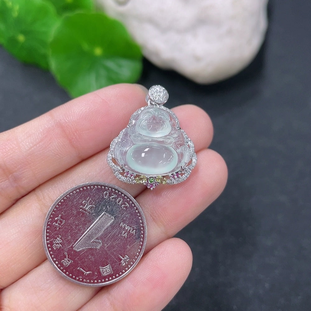 Jadeite inlaid Buddha pendant on necklace, 18k gold with diamond accents, HKHQ jewelry, detailed close-up image.