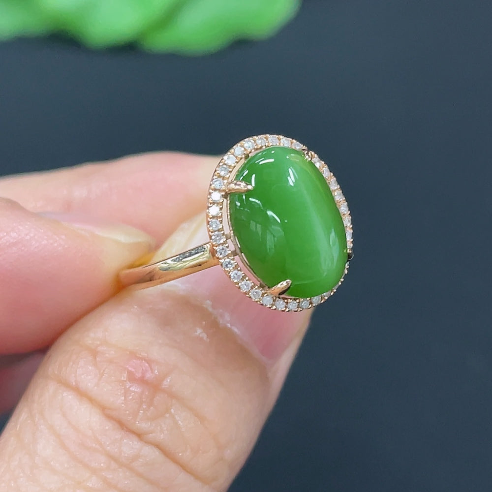Hetian Jade Jasper Cabochon Inlaid Ring with 18k Gold, Accented with Diamonds