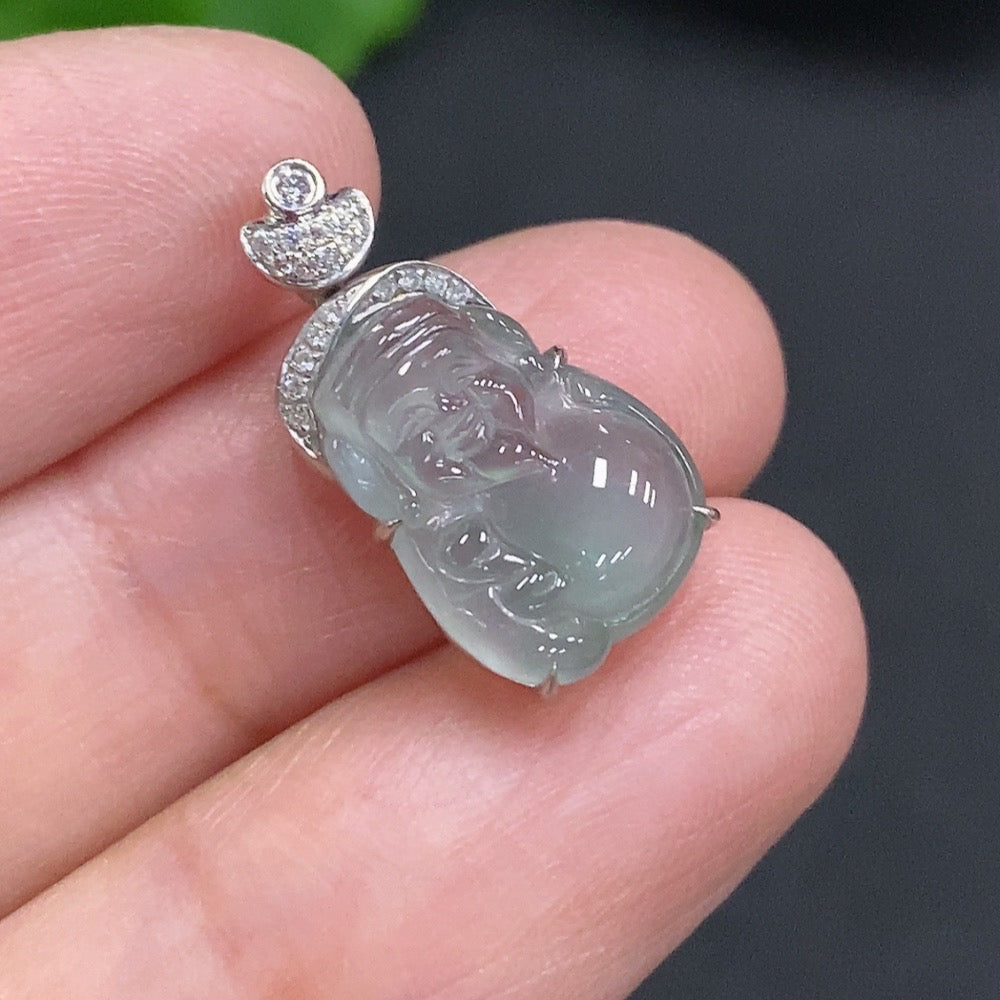 Jadeite Maitreya pendant with 18k gold and diamond accents, showcasing intricate inlaid jade design, weighs approximately 1.7g.
