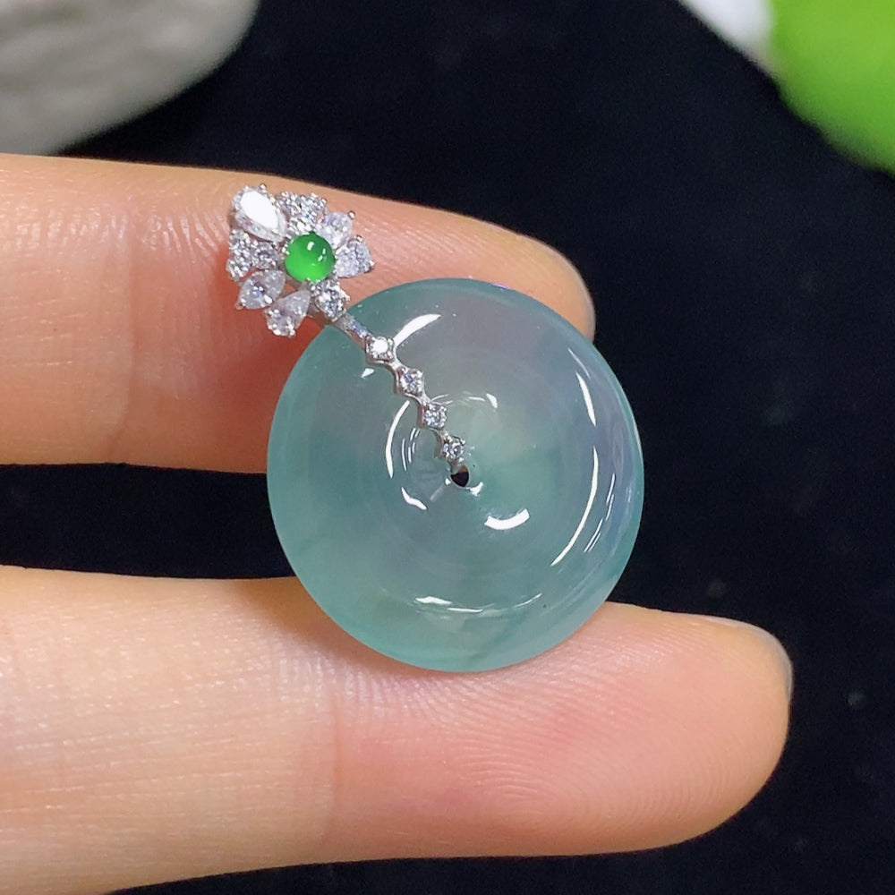 Jadeite pendant safety buckle necklace by HKHQ featuring an 18K non-diamond clasp with a smooth jadeite pendant.