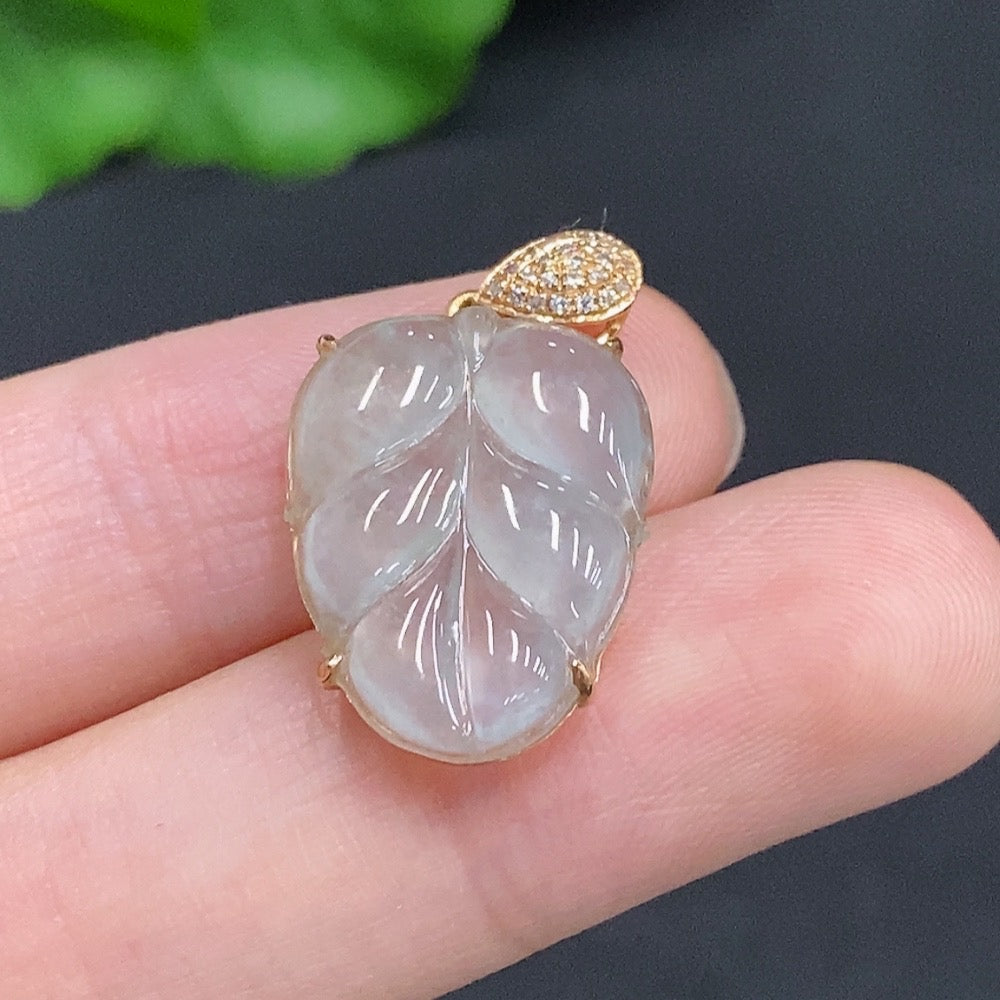Jadeite Leaf Pendant with and Diamond Accents, . | Huiliu Certified