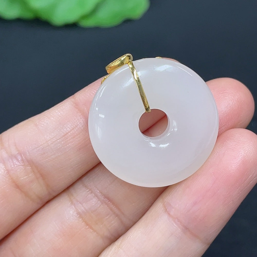 Hetian jade inlaid pendant donut necklace with 18K gold setting, featuring HKHQ branding and intricate craftsmanship.