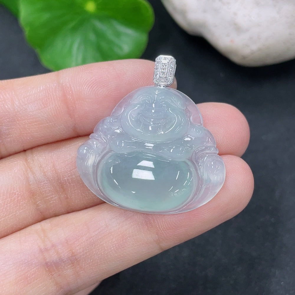 Jadeite pendant featuring a Buddha design with 18K gold accents and diamond details, weighing approximately 4.95 grams.