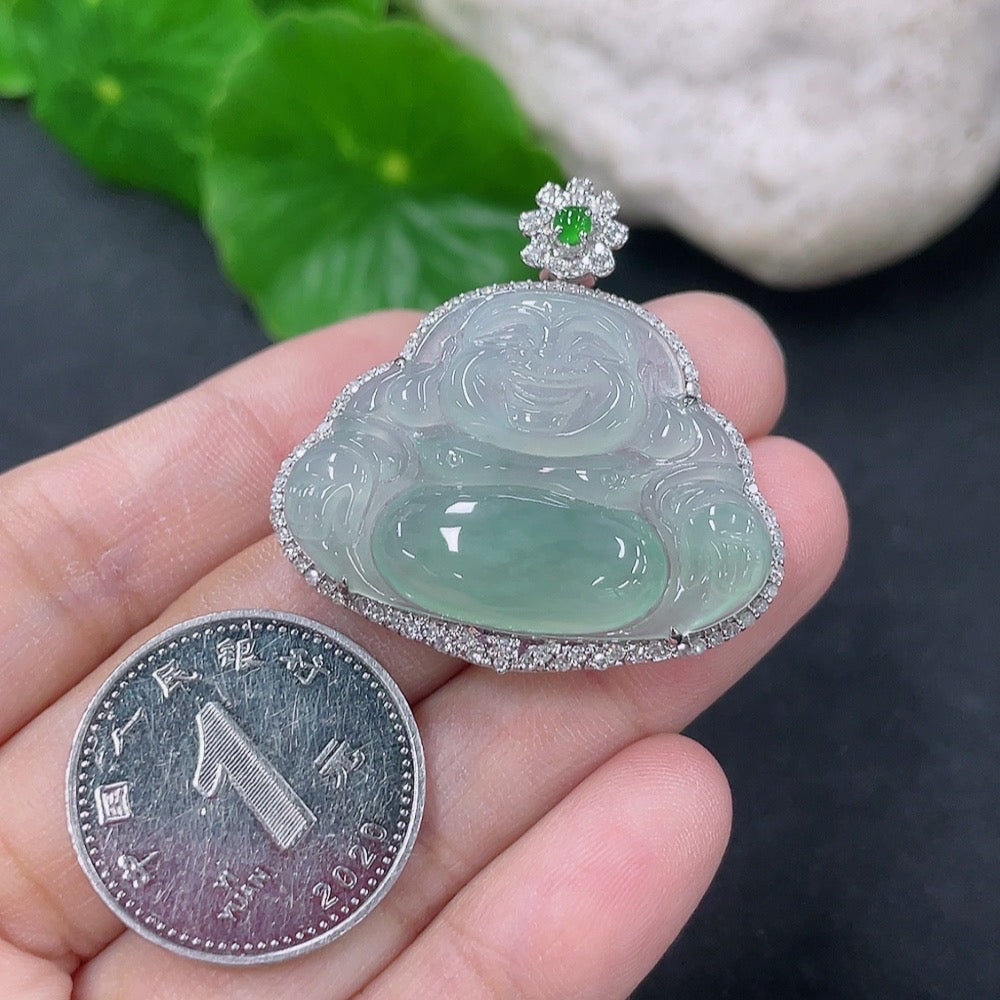 Jadeite Buddha pendant with 18K gold and diamond accents, featuring intricate inlay work, weighs approximately 7.27 grams.