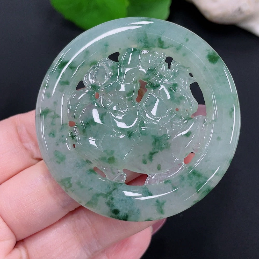 Jadeite Auspicious Beast pendant in jade with intricate carvings, weighing approximately 37.1g, from HUILIU HQ.