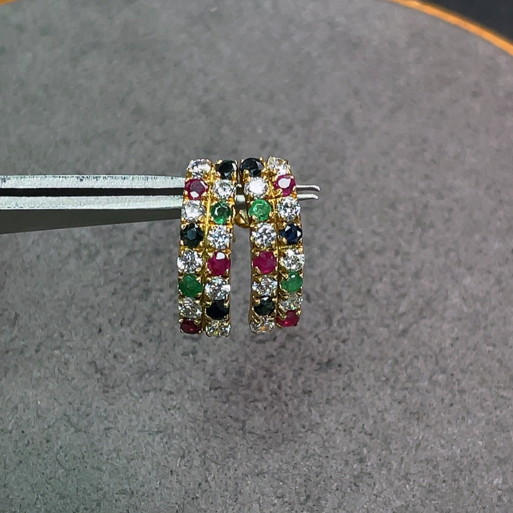 Emerald Earrings Clarity Enhanced with Sapphire and Ruby 18K Gold Non-Diamond Total Weight Approx. 2.64g