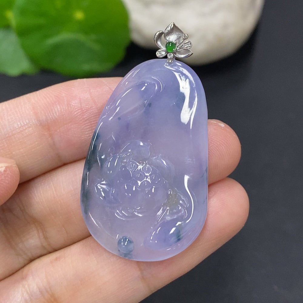 Jadeite auspicious fish pendant with 18K gold clasp and diamond accents, elegant necklace from HKHQ.