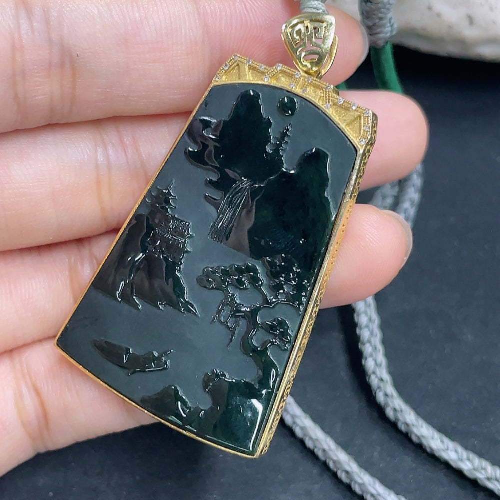 Jadeite pendant with landscape design, 18k diamond accents, HKHQ jade jewelry, on cord, featuring mineral components, 18.57g weight