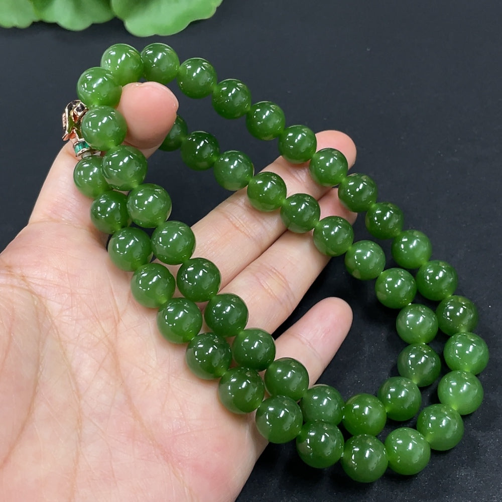 Green Hetian Jade Bead Necklace, Non-Gold