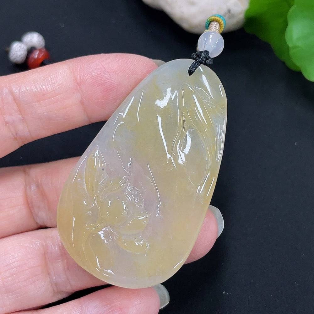 Huiliu Jadeite lotus leaf fish pendant with non-A grade beads, showcasing detailed jade craftsmanship and natural green hues.