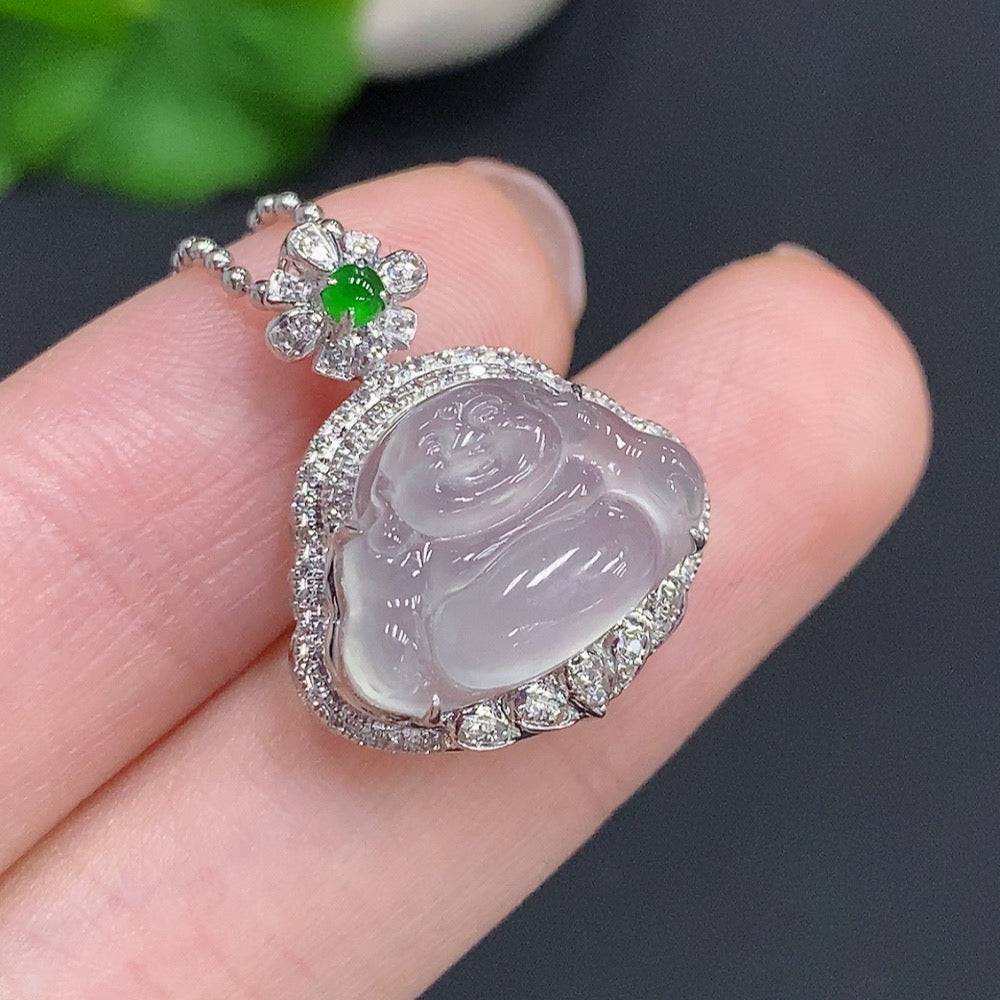 Jadeite Buddha pendant with 18k gold accents and diamond details, lightweight jewelry piece from HUILIU HQ displayed on a neutral background.