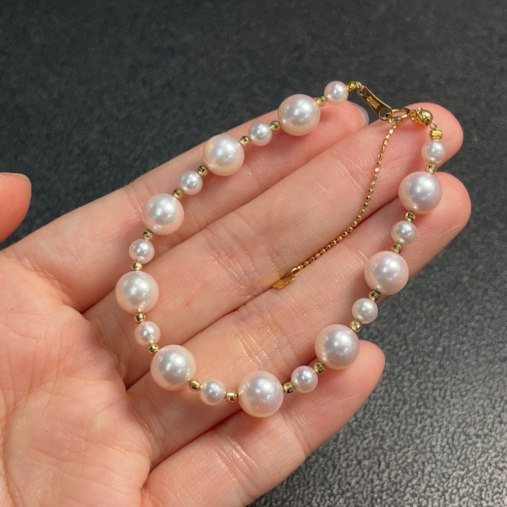 HUILIU HQ seawater pearl bracelet with red marked beads, 18k gold clasp, 4.3-7.2mm pearls, weighing approx. 7.24g, non-gold chain