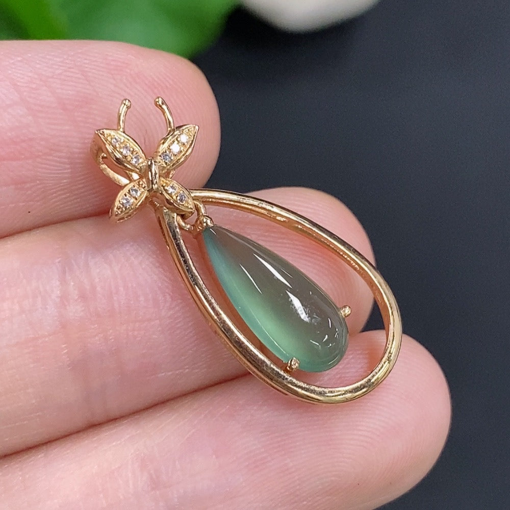 Jadeite Inlaid Pendant 18k Gold Total Weight Approx. 1.8g With Diamond Accents