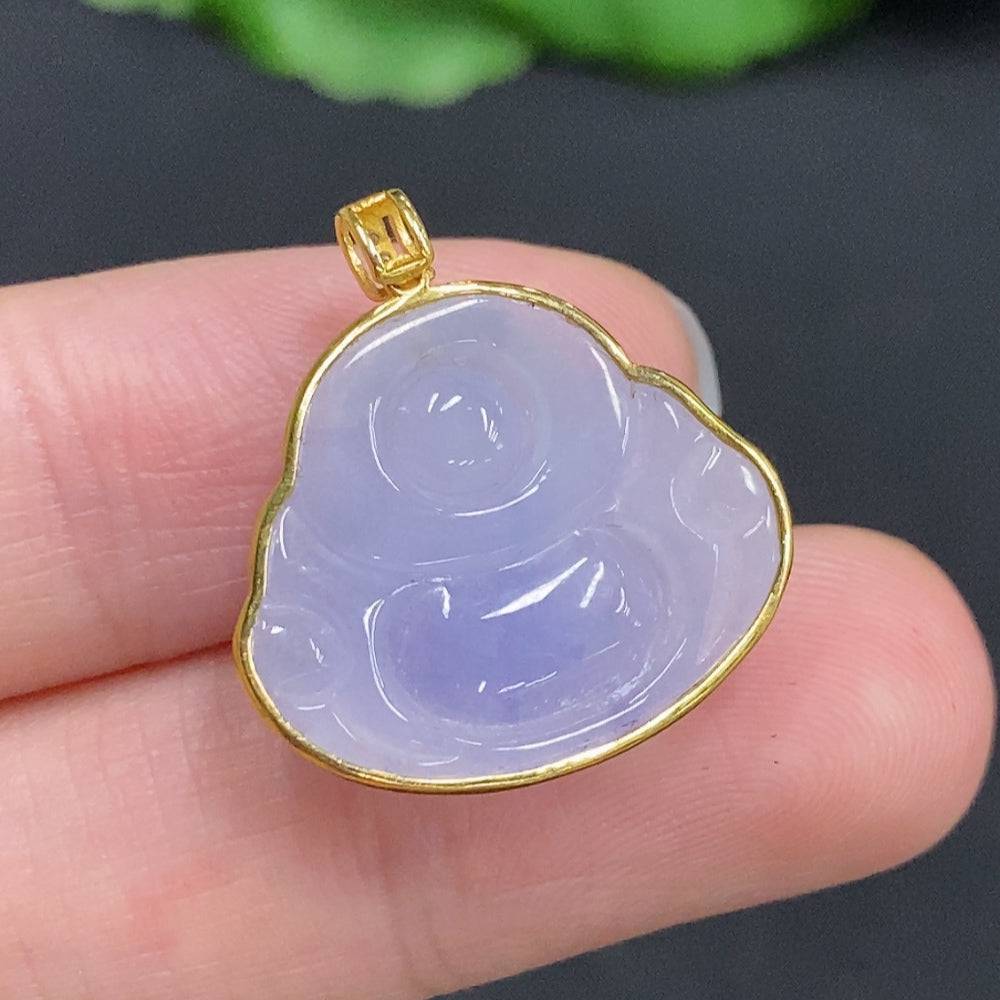 Jadeite Buddha pendant set in 18K gold, featuring a green jade Buddha charm, weight approximately 3g, by HUILIU HQ.