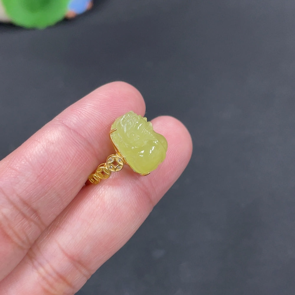 Hetian Jade Inlaid Ring Pixiu Size 13 Total Weight Approx. 2.7g 18k Non-Diamond