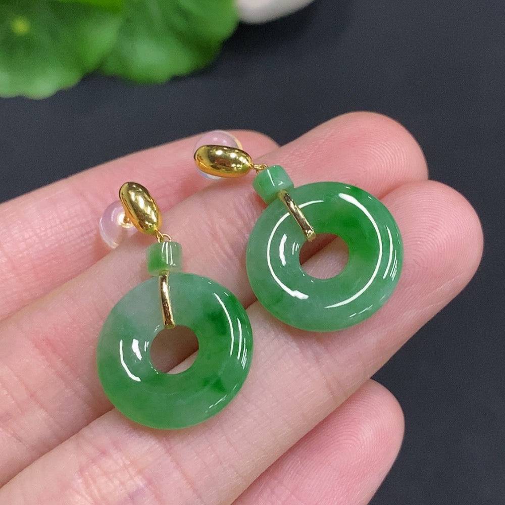 HUILIU HQ Jadeite donut inlaid earrings with 18k gold, showcasing polished jade and gold accents, weighing approximately 3.8g.