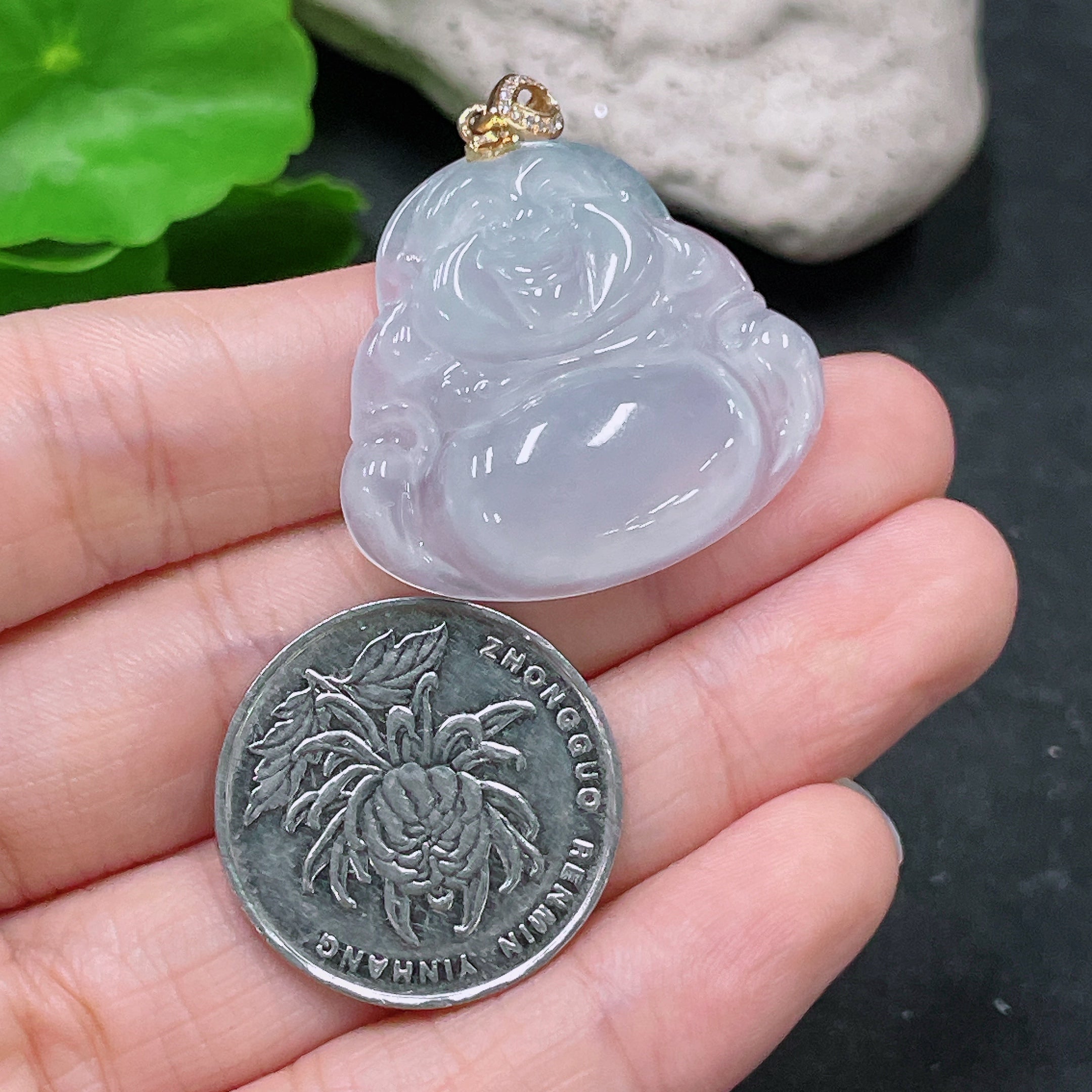 Jadeite Pendant Buddha Bail 18K Gold with Diamond Accent Total Weight Approx. 8g