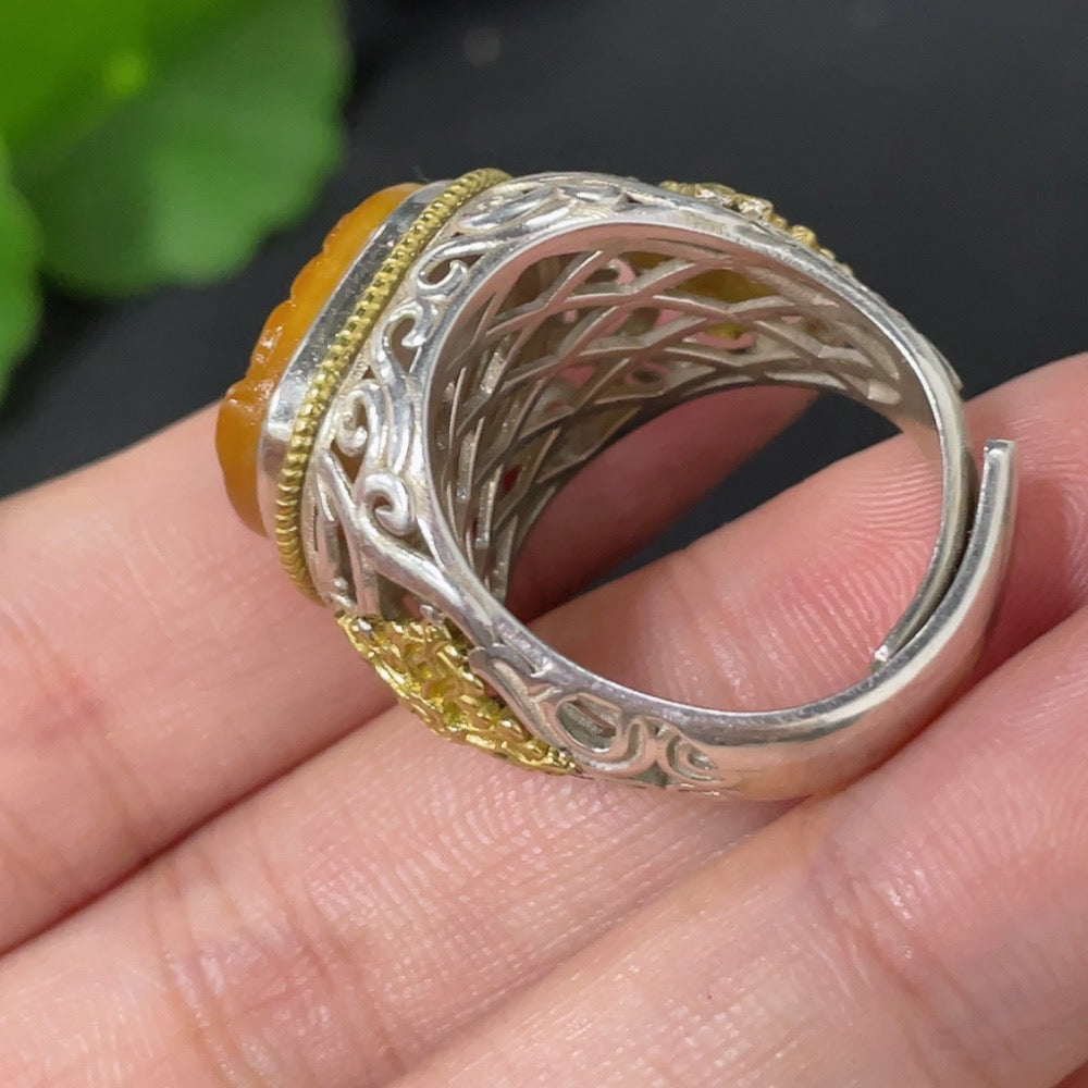 Huiliu Jade Inlaid Adjustable Ring featuring Hetian jade with intricate inlay design and metal band on a neutral background