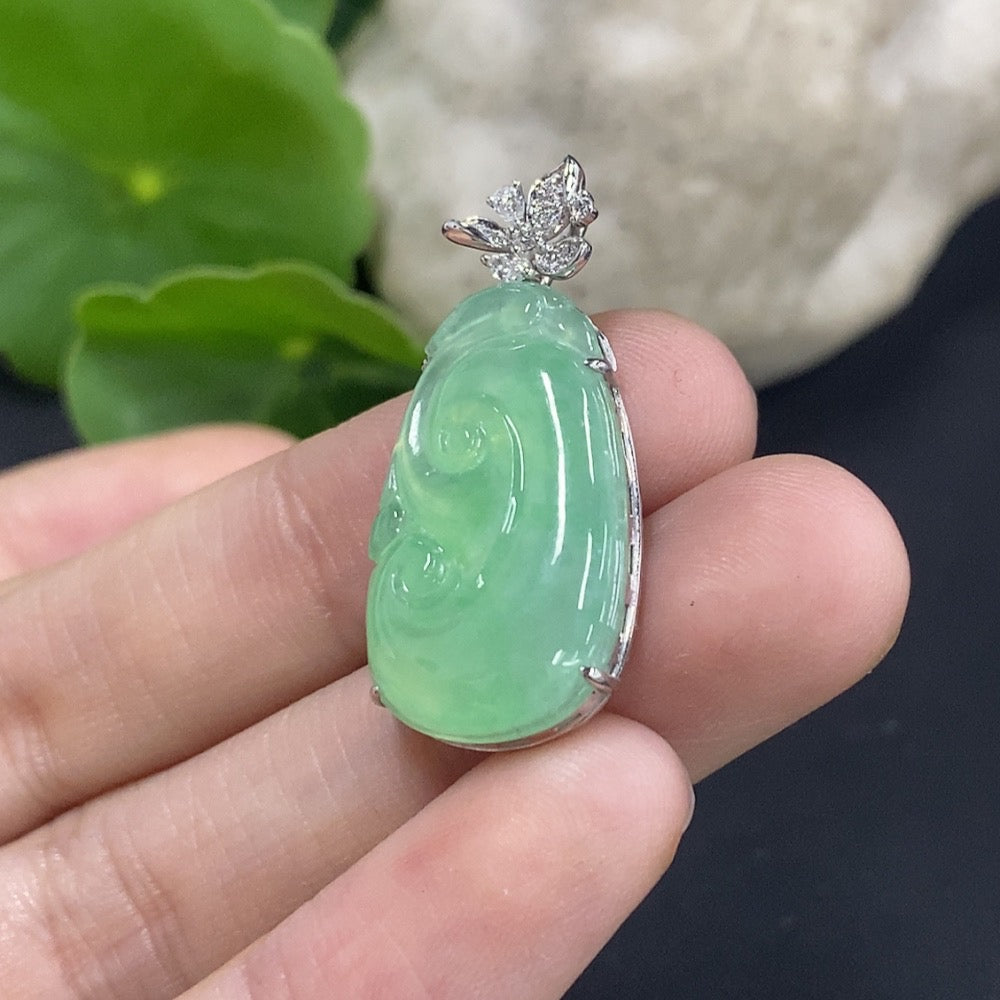 Jadeite Ruyi Inlaid Pendant . (with Diamond Accents) | Huiliu Certified