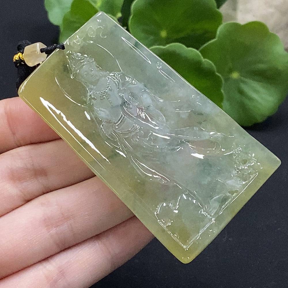 Jadeite Guanyin pendant with intricate carved details, weighing approximately 38g, showcasing smooth, polished jade from HUILIU HQ.