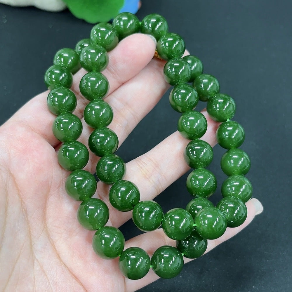 Green Hetian Jade Bead Necklace Non-Gold