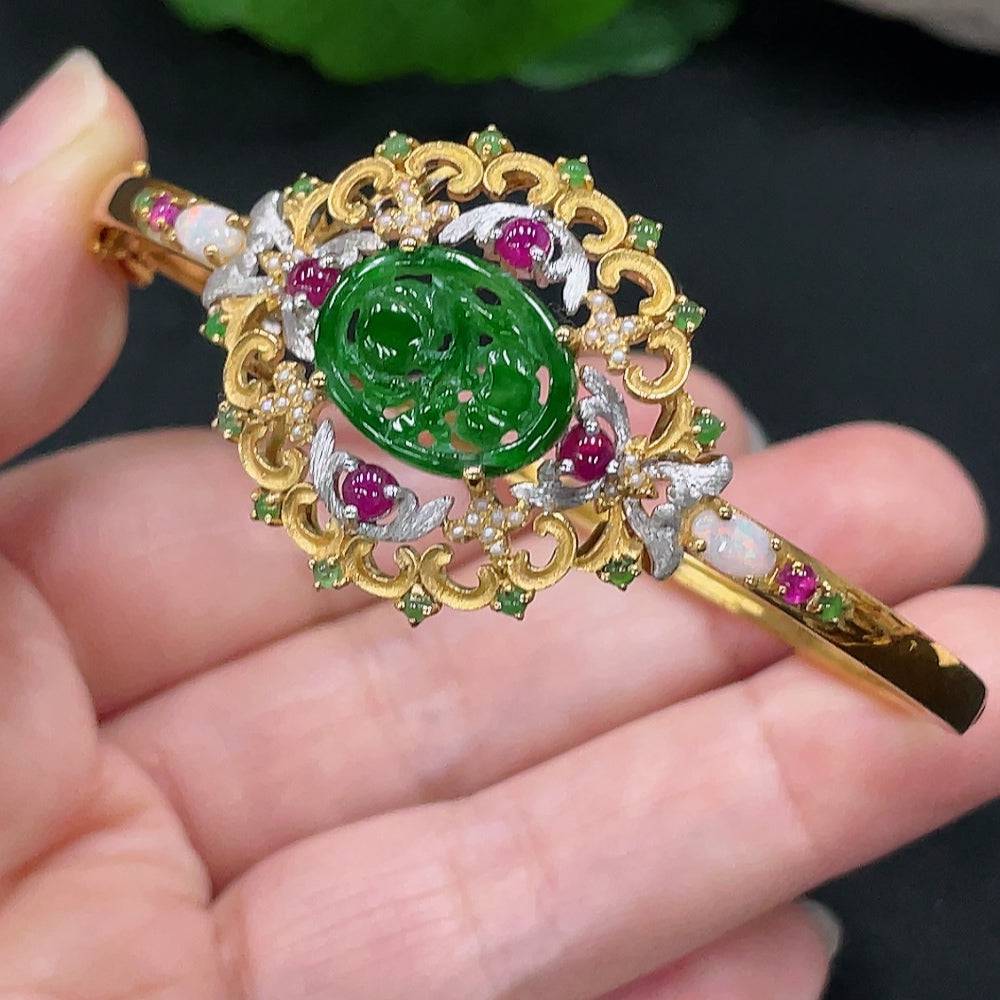Huiliu HQ jadeite inlaid bracelet with non-A beads, showcasing polished jade jewelry with intricate inlay details.