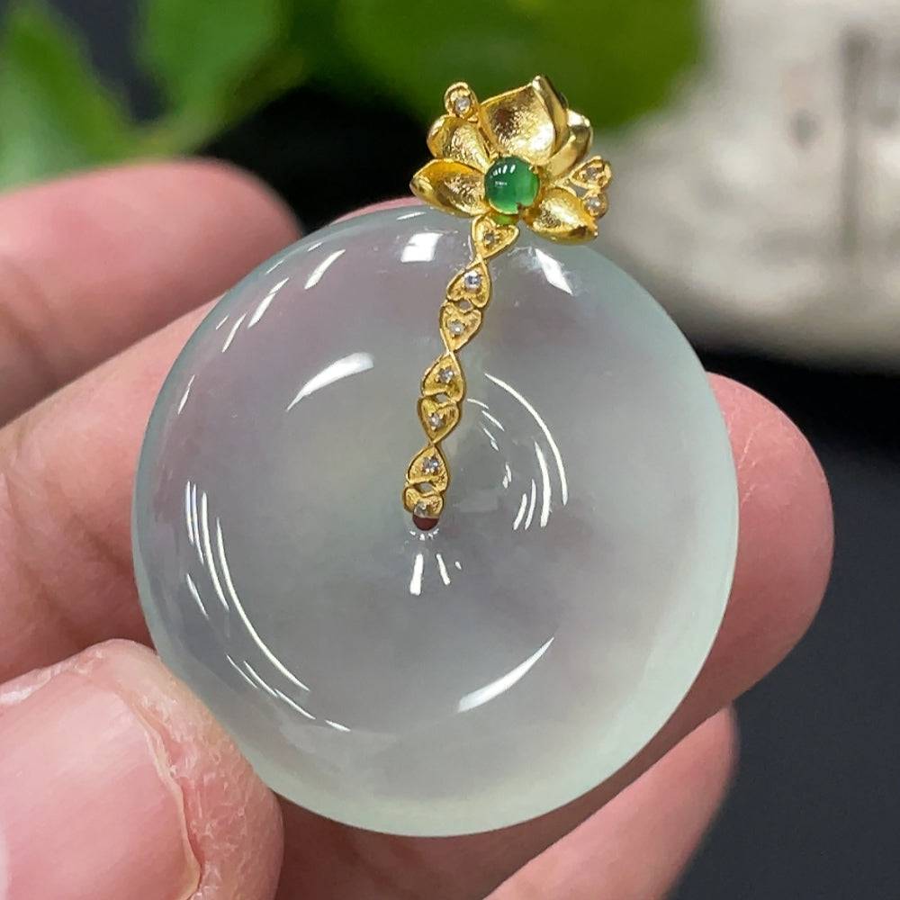 Jadeite safety pendant with diamond accents, 18K gold bail, weighing approx. 6.87g, from HUILIU HQ.