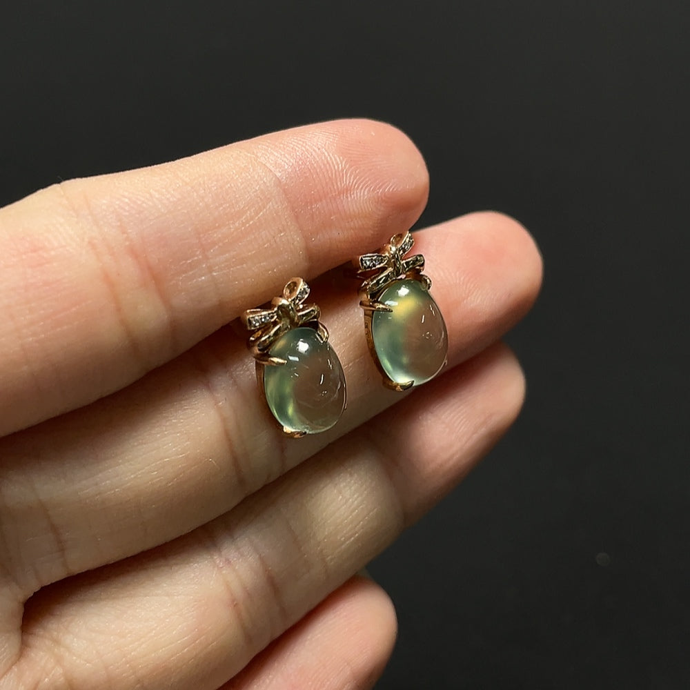 Prehnite gemstone earrings with diamond accents set in 9K gold, featuring elegant gemstone and jewelry craftsmanship.