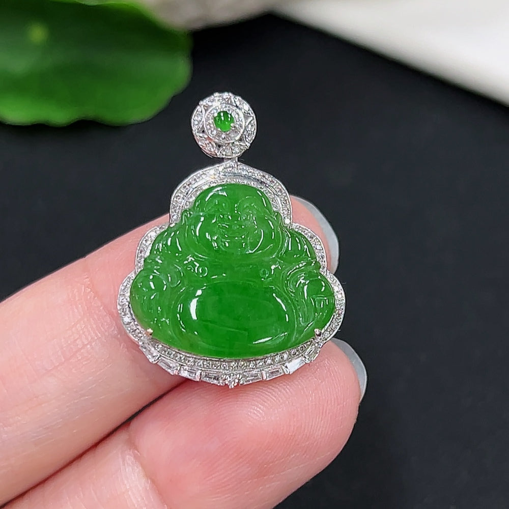 Jadeite Buddha pendant set in 18K gold with diamond accents, displayed on a necklace chain.