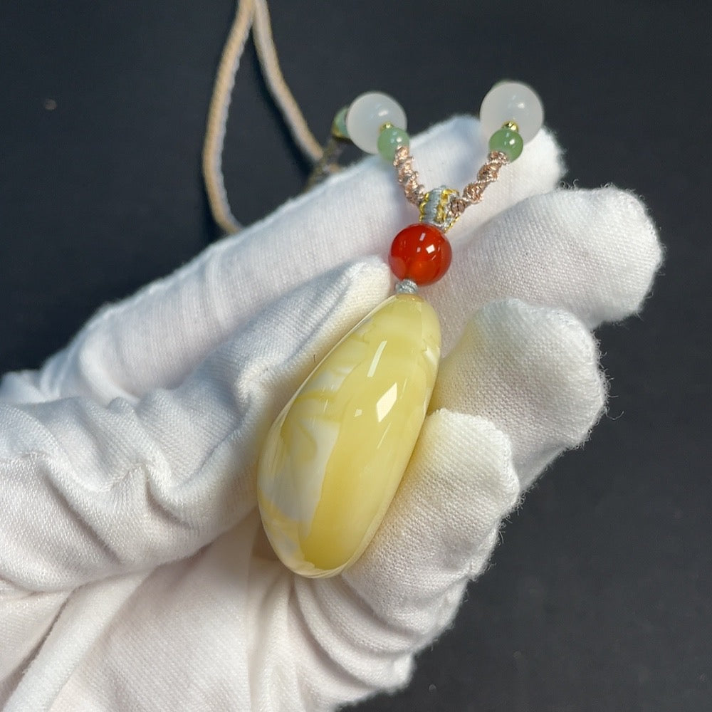 Amber Beeswax Pendant with Non-Natural Gemstones, Non-Gold
