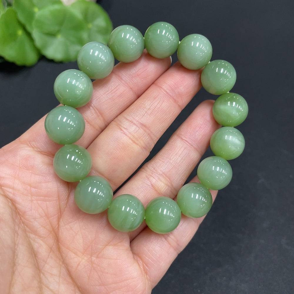 Huiliu Hetian Jade Jasper bracelet with 11.8mm beads, natural green and brown tones, certified Huiliu jade jewelry.