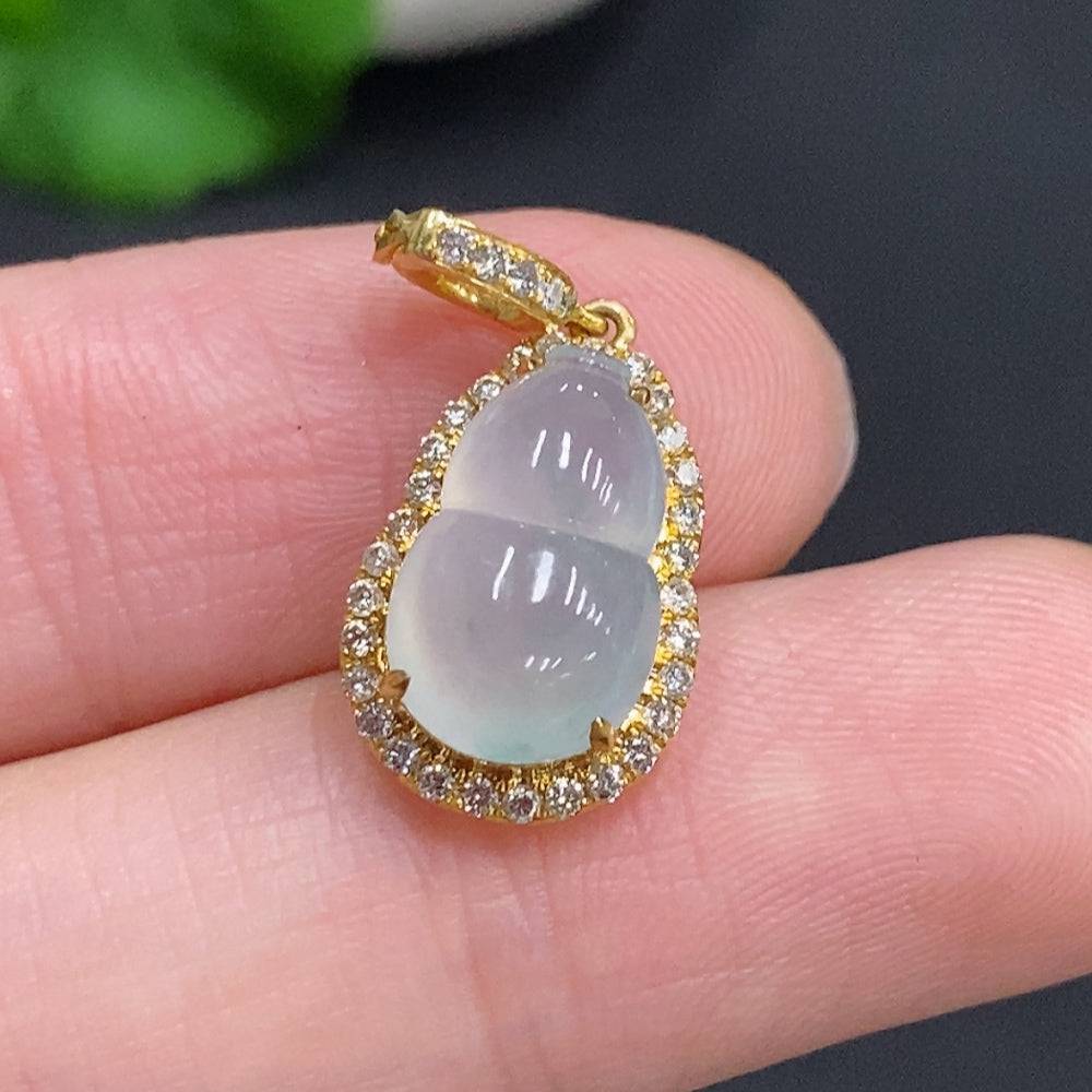 Huiliu Jadeite gourd pendant with diamond inlays, featuring intricate inlay work and smooth polished surface.