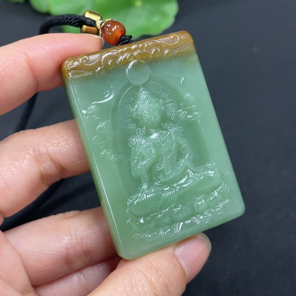 Huiliu certified Hetian Jade Guanyin pendant showcasing intricate carved details and smooth green jade surface.