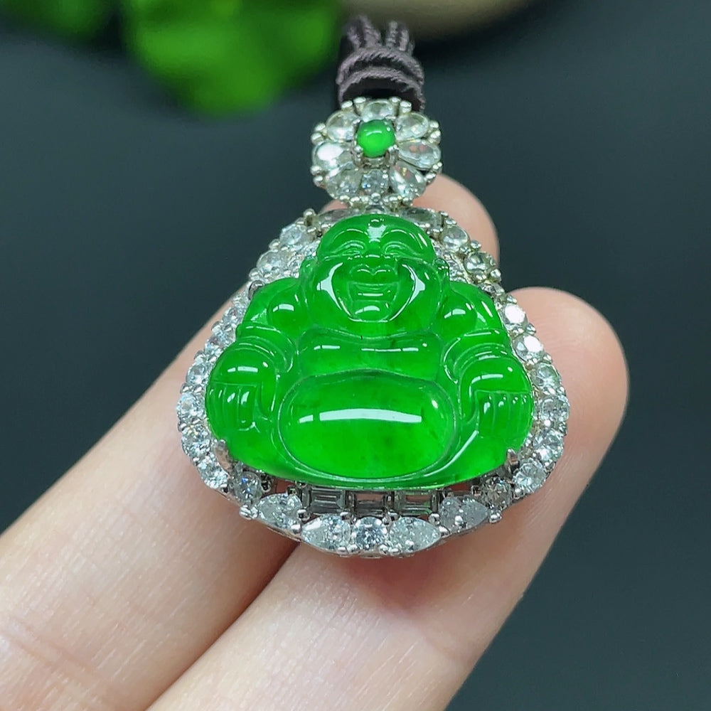 Jadeite Buddha pendant necklace with non-gold setting, featuring a detailed green jade Buddha charm on a simple chain.