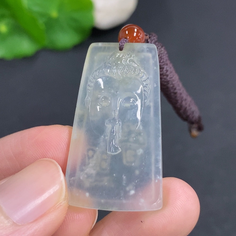Jadeite Buddha pendant with rope, weighing approximately 9.3 grams, featuring a detailed Buddha figure on smooth jade stone.