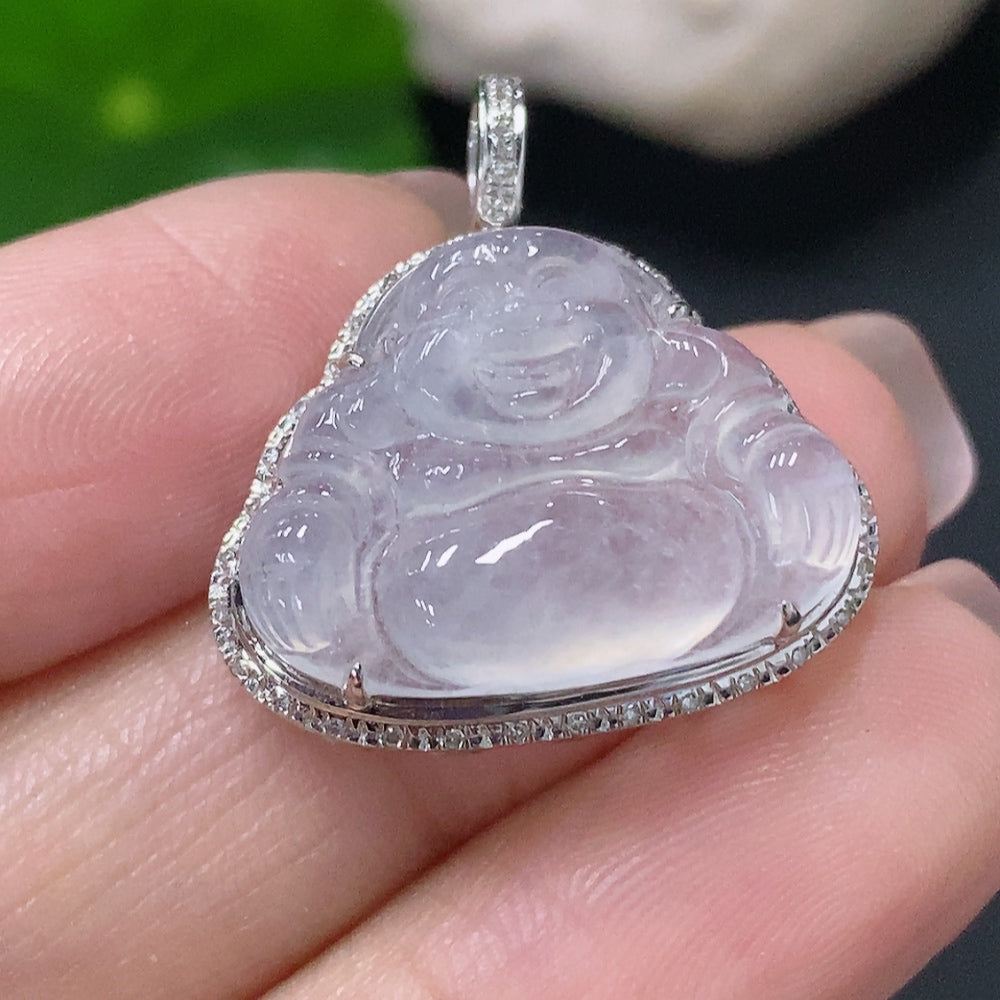 Jadeite Buddha Pendant with 18k Gold and Diamond Accents, Total Weight Approximately 3.34g