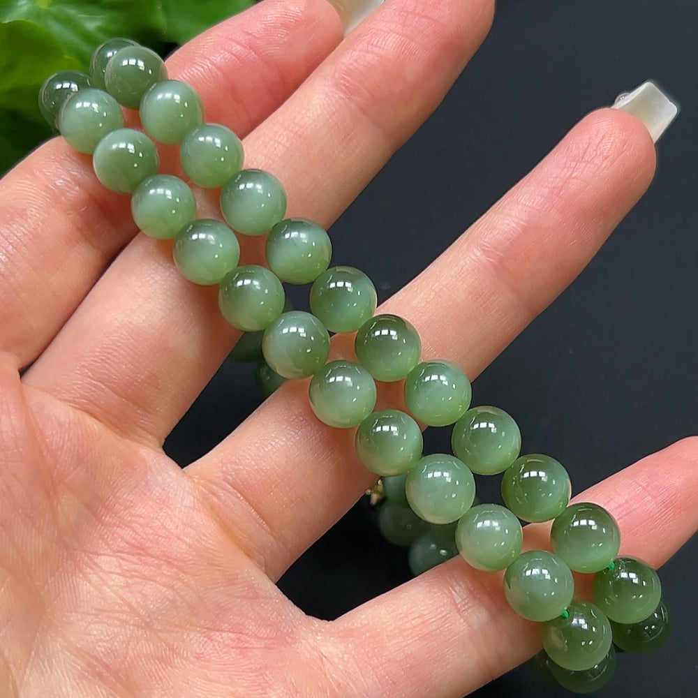 Hetian Jade bead chain necklace with 8mm non-gold beads from HKHQ, featuring smooth, polished jade beads on a delicate chain.