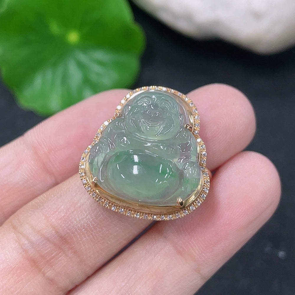 Elegant jadeite inlaid ring with 18K gold and diamond accents, showcasing intricate craftsmanship and luxurious design.