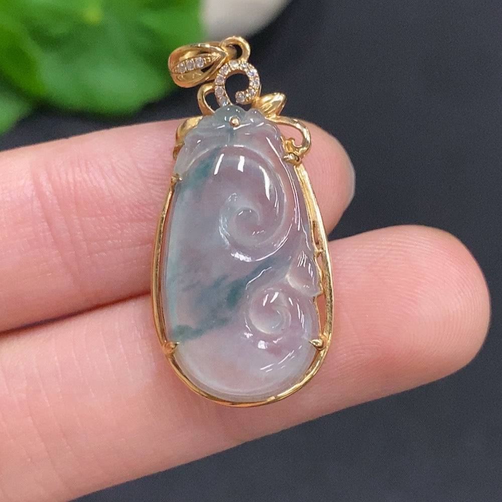 Huiliu certified jadeite Ruyi pendant featuring intricate carved design, showcasing smooth green jade stone.