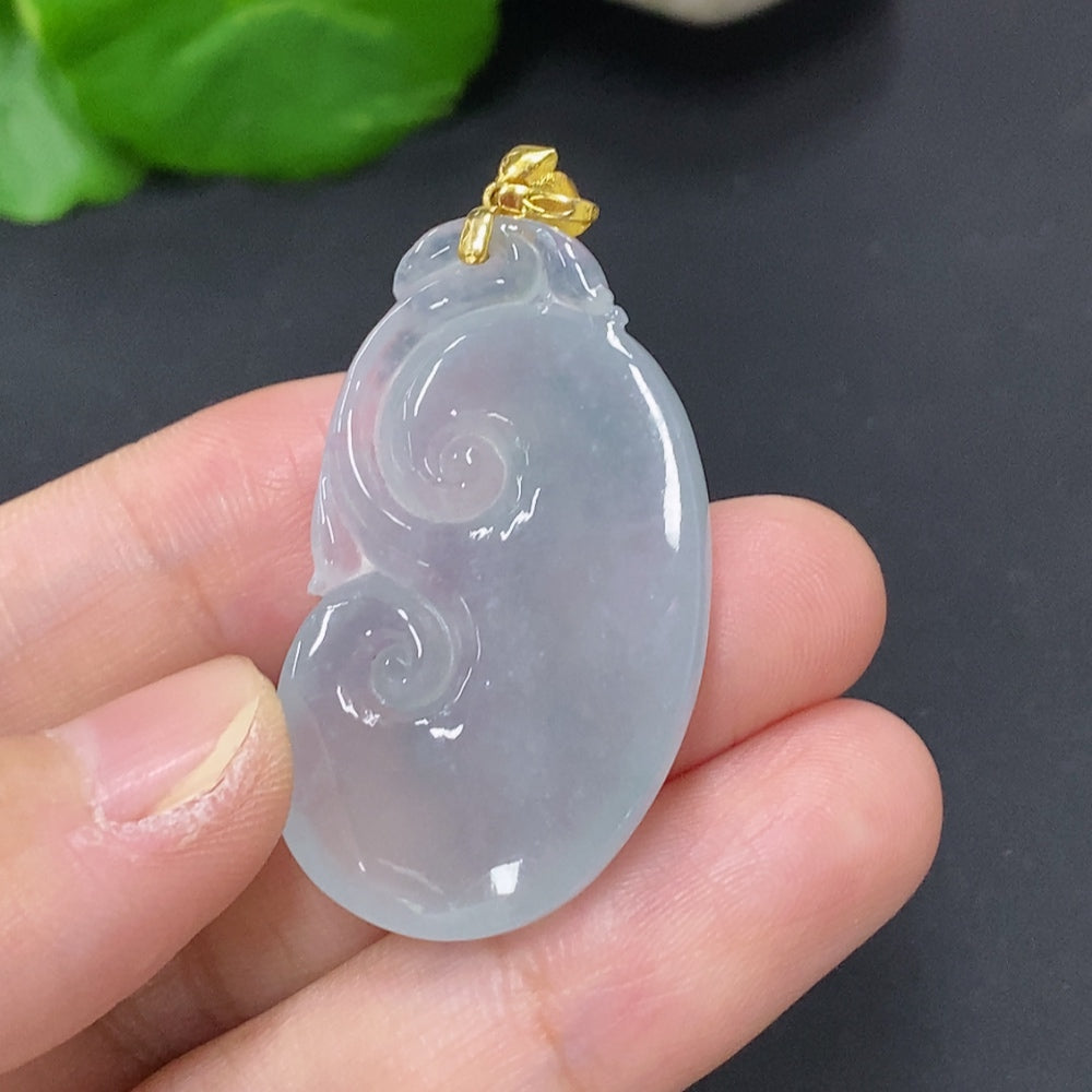 Jadeite Ruyi pendant necklace with 18K gold clasp, featuring smooth green jadeite and intricate design, by HKHQ.