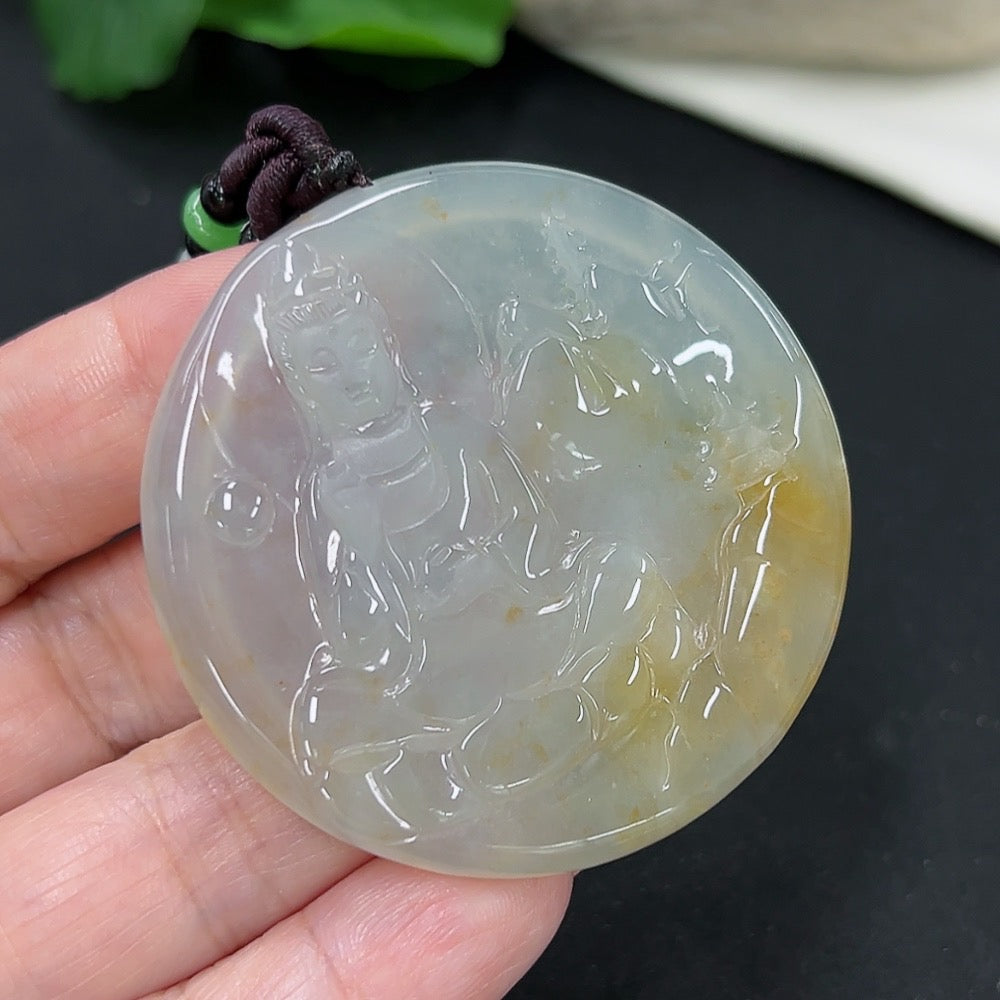 Jadeite Guanyin pendant from HKHQ, intricately carved jade jewelry weighing approximately 31.48g.