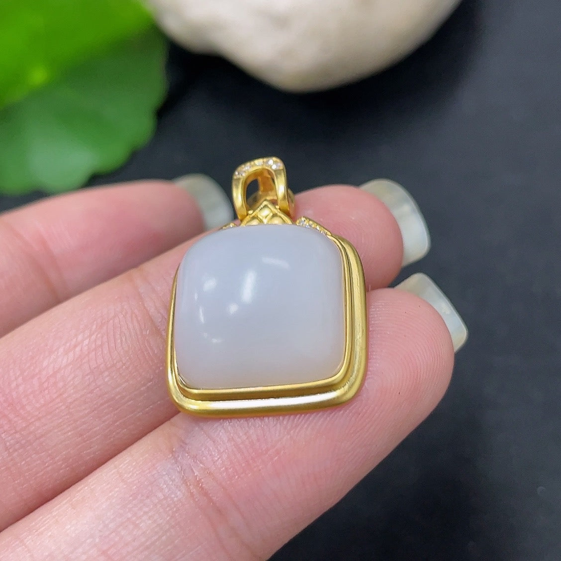 Hetian Jade pendant with diamond accents in 18K gold necklace, featuring a plain design and elegant craftsmanship.