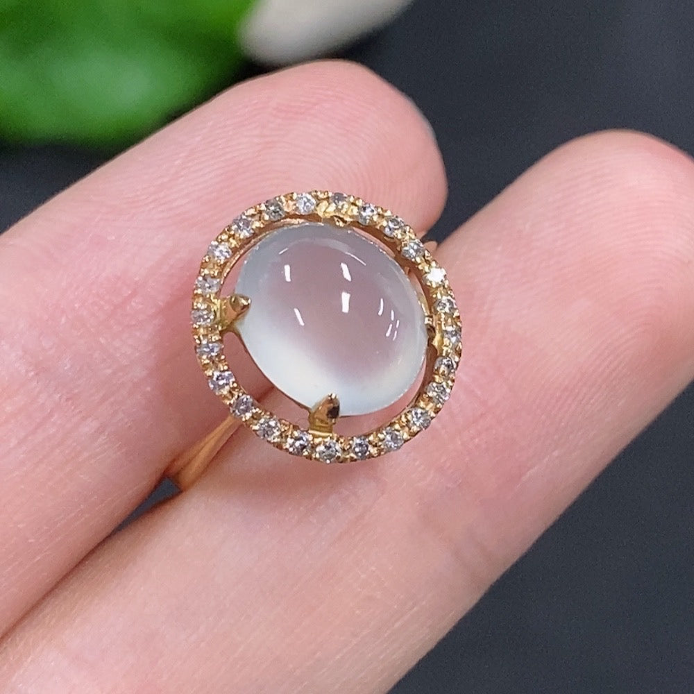 Jadeite Cabochon Ring 18k Gold Total Weight Approx. 2.8g Size 10 with Diamond Accents