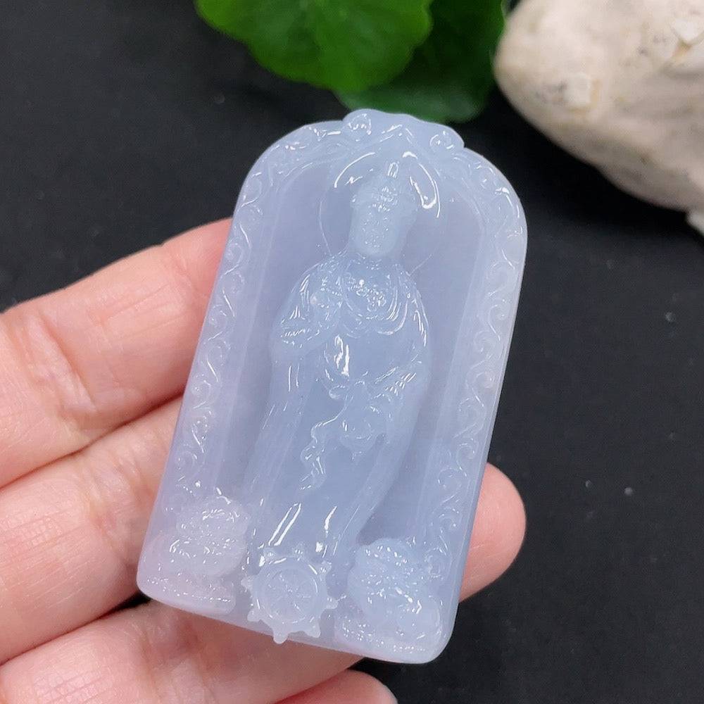 Jadeite Guanyin pendant crafted from green jade, weighing approximately 45.2g, featuring detailed religious iconography and smooth finish.