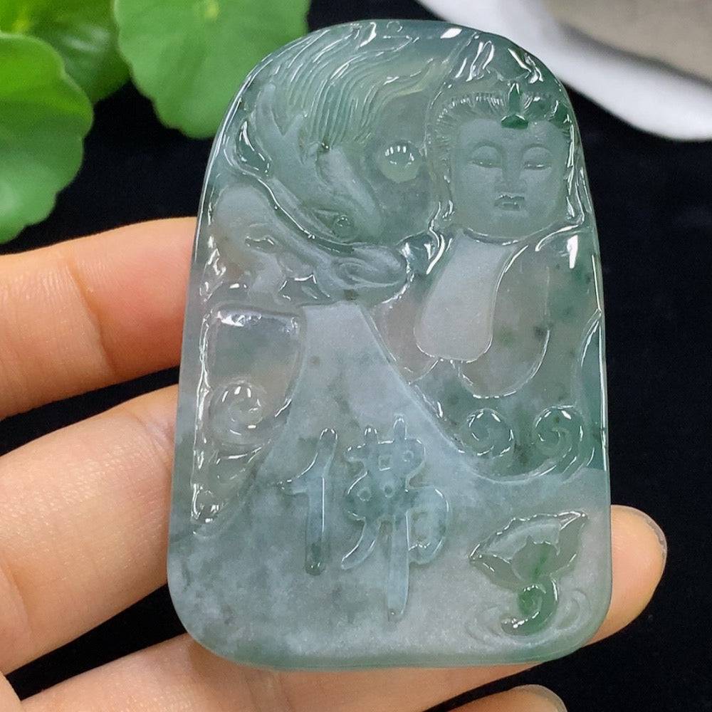 Jadeite Guanyin pendant from HUILIU HQ, carved jade figure weighing approximately 39.33g, detailed image showing intricate craftsmanship.